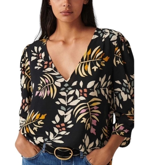 ba&sh Tops - ba&sh Top Cross Black Floral Viscose V-Neck Three Quarter Sleeve Blouse Size XS